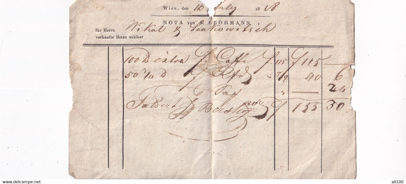 A18741 - INVOICE FROM AUSTRIA WIEN VIENA 1818 NOTA VON A. GROHMANN AUSTRIAN EMPIRE - Austria