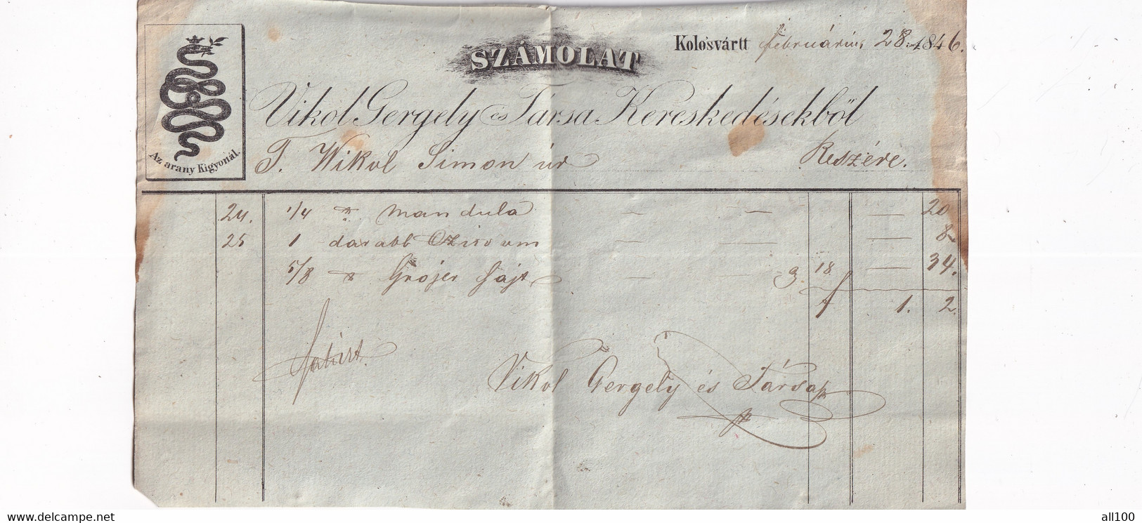 A18742 - INVOICE FROM AUSTRIA 1846 SZAMOLAT VIKOL GERGELY ES TARSA KERESKEDESEKBOL AZ ARANY KIGYONAL AUSTRIAN EMPIRE - Autriche