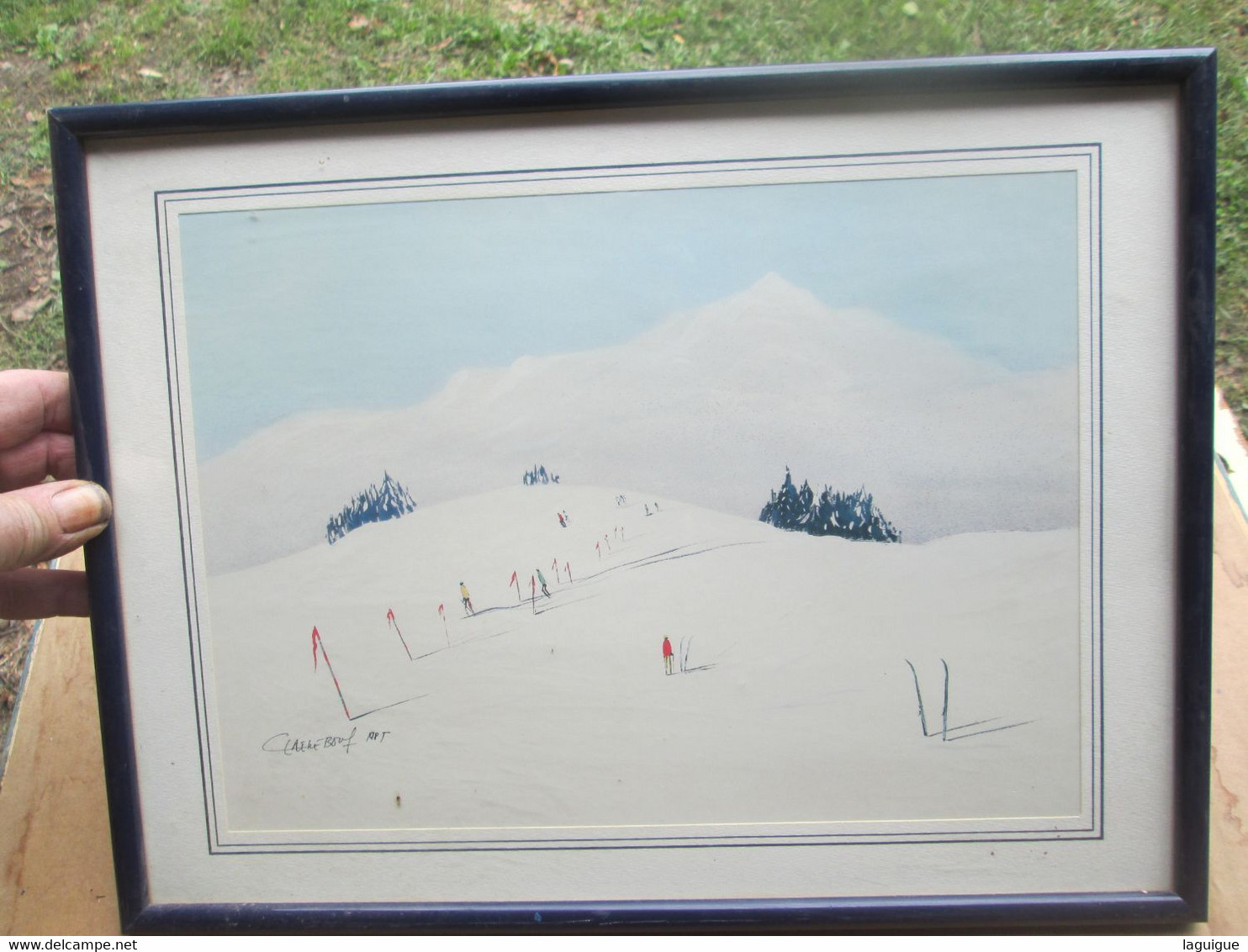 PEINTURE TABLEAU AQUARELLE??? ENCADRE SOUS VERRE SIGNE HIVER SKI 41 X 31 Cm - Aquarelles