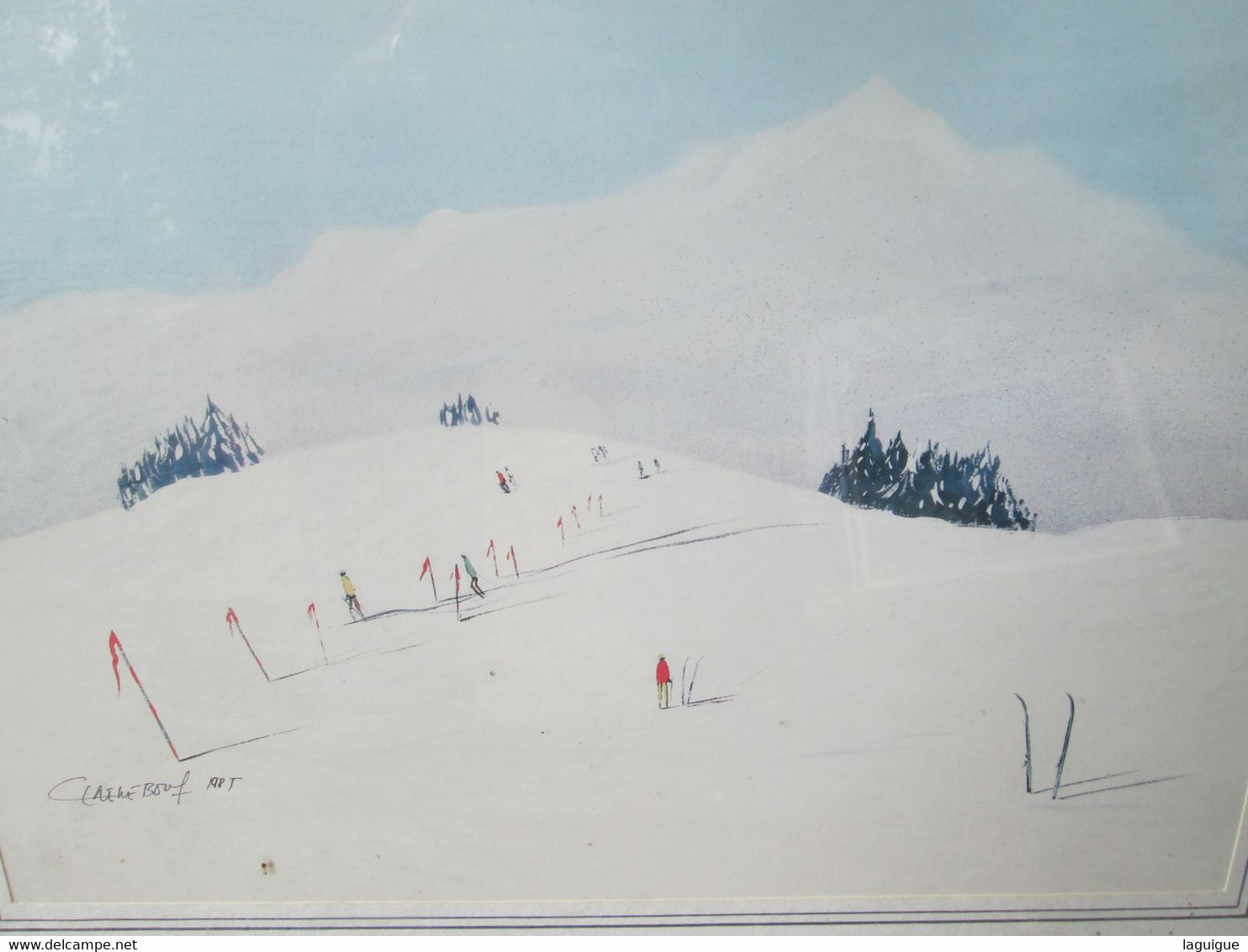 PEINTURE TABLEAU AQUARELLE??? ENCADRE SOUS VERRE SIGNE HIVER SKI 41 x 31 cm