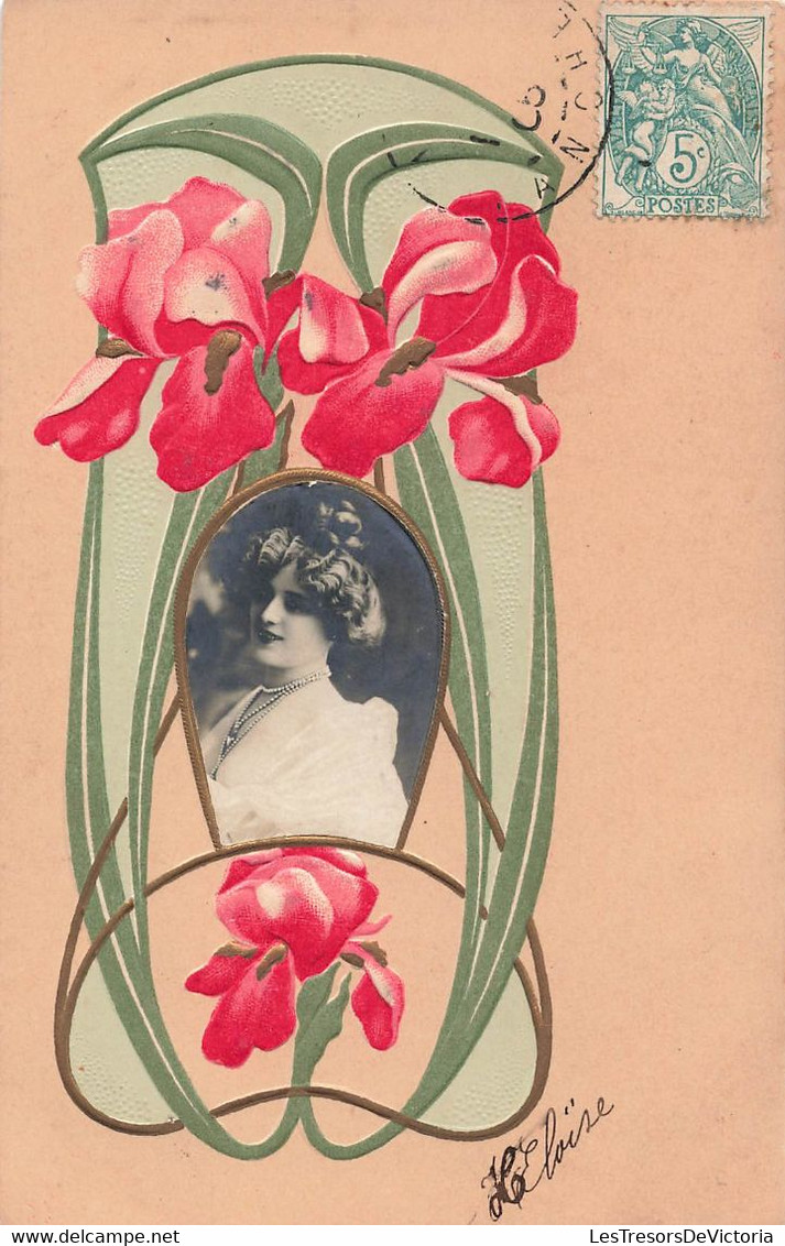 CPA Illustrateur Non Signé - Jolie Carte Fantaisie Style Art Nouveau - Photo D'une Femme Entremélé D'iris Roses - Ohne Zuordnung