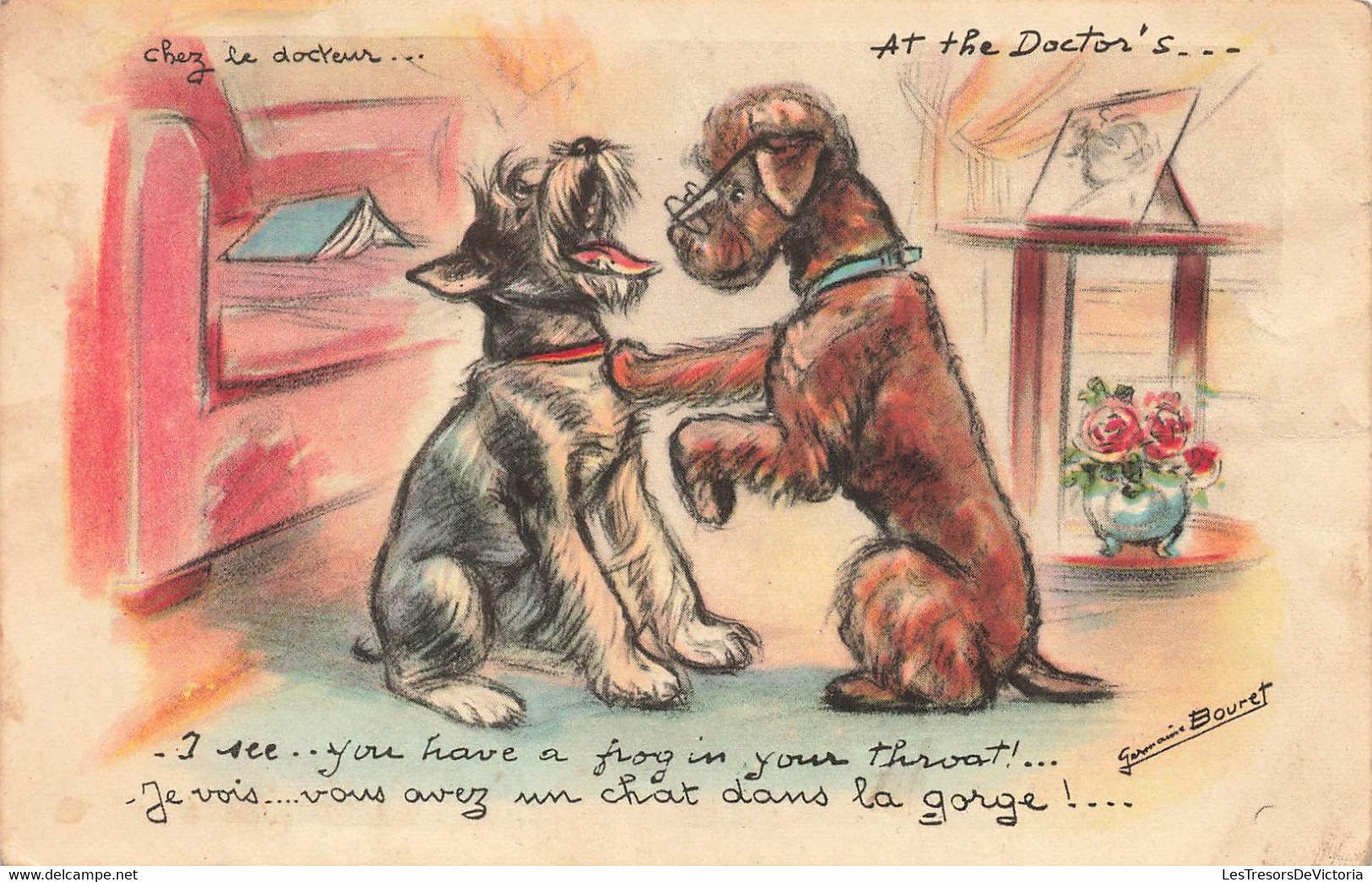 CPA Illustrateur Germaine Bouret - Chien Docteur - Vous Avez Un Chat Dans La Gorge - Humour - Bouret, Germaine