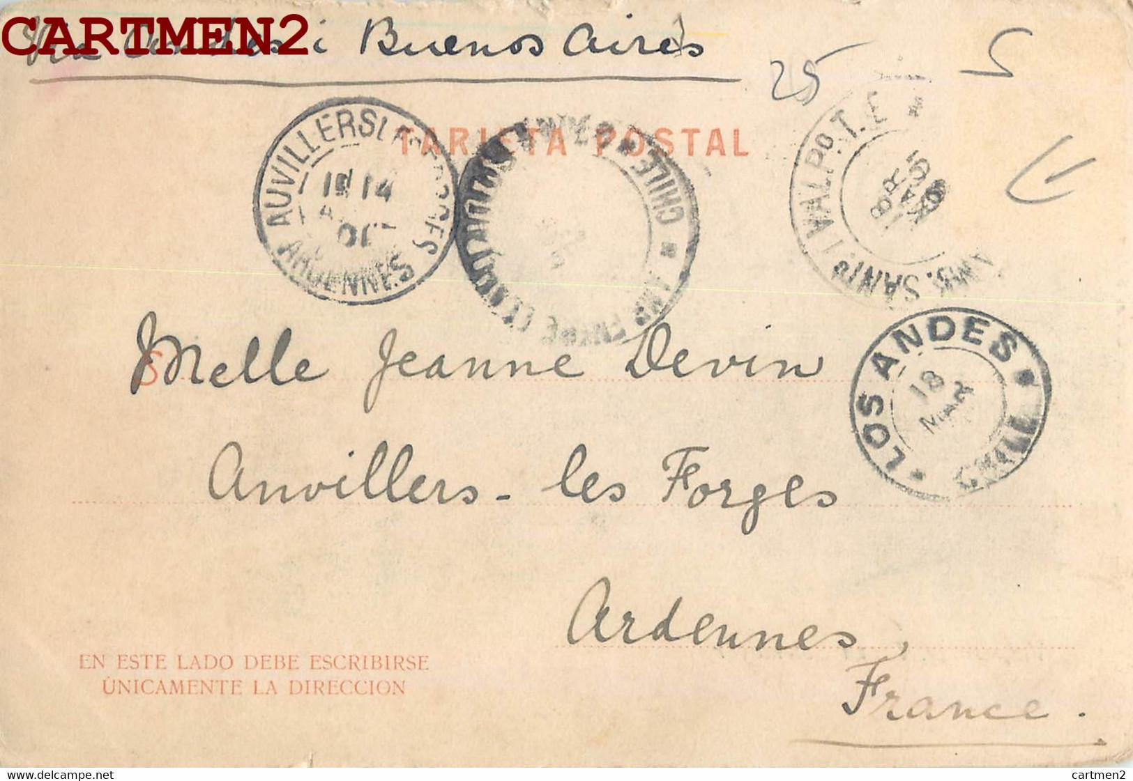 VALPARAISO PLAZA SOTOMAYOR CHILI CHILE STAMP CORREOS VIA ANDES BUENOS-AIRES LOS ANDES PHILATELIE 1900 - Chili