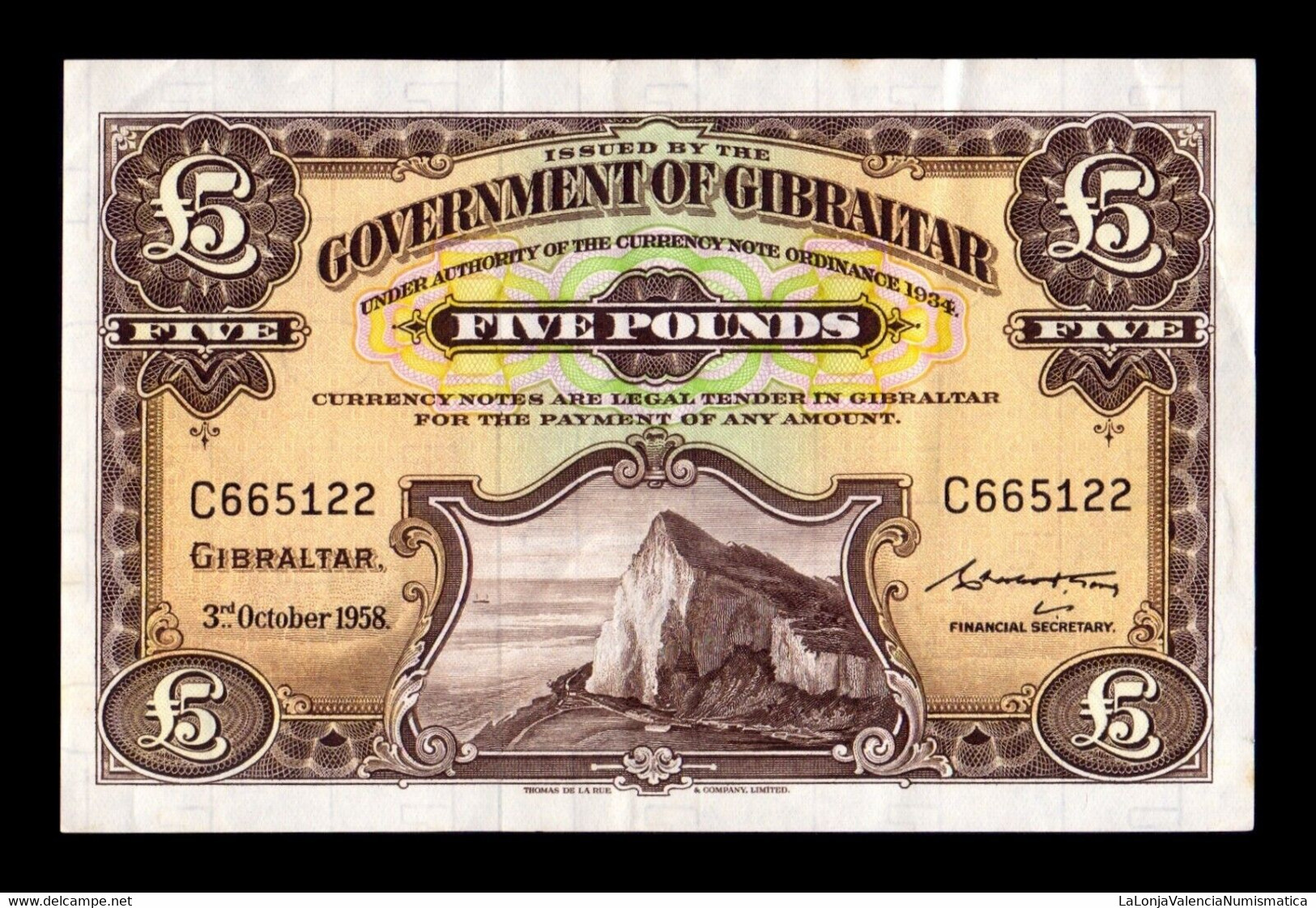 Gibraltar 5 Pounds 1958 Pick 19a  EBC- AXF - Gibraltar