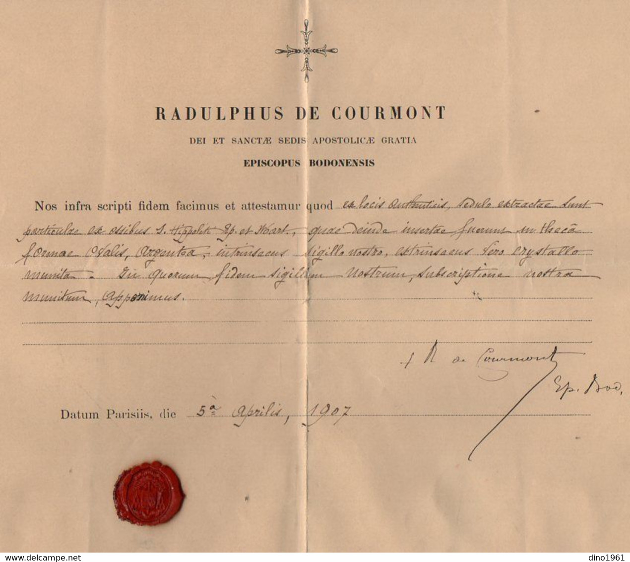 VP20.491 - PARIS 1907 - Document / Certificat Signé Par Monseigneur L'Evêque RADULPHUS DE COURMONT - Religion & Esotericism