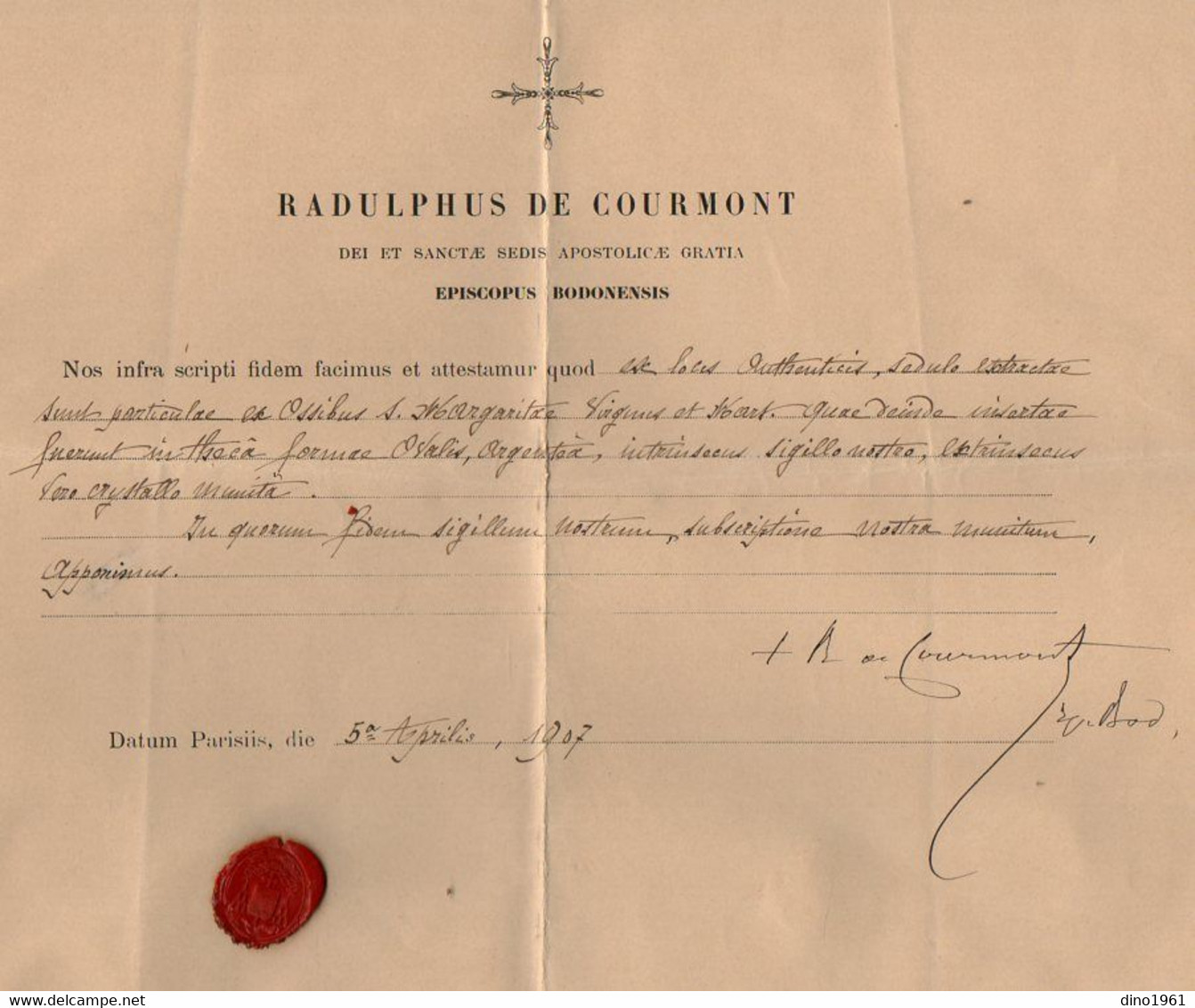 VP20.492 - PARIS 1907 - Document / Certificat Signé Par Monseigneur L'Evêque RADULPHUS DE COURMONT - Religion & Esotericism