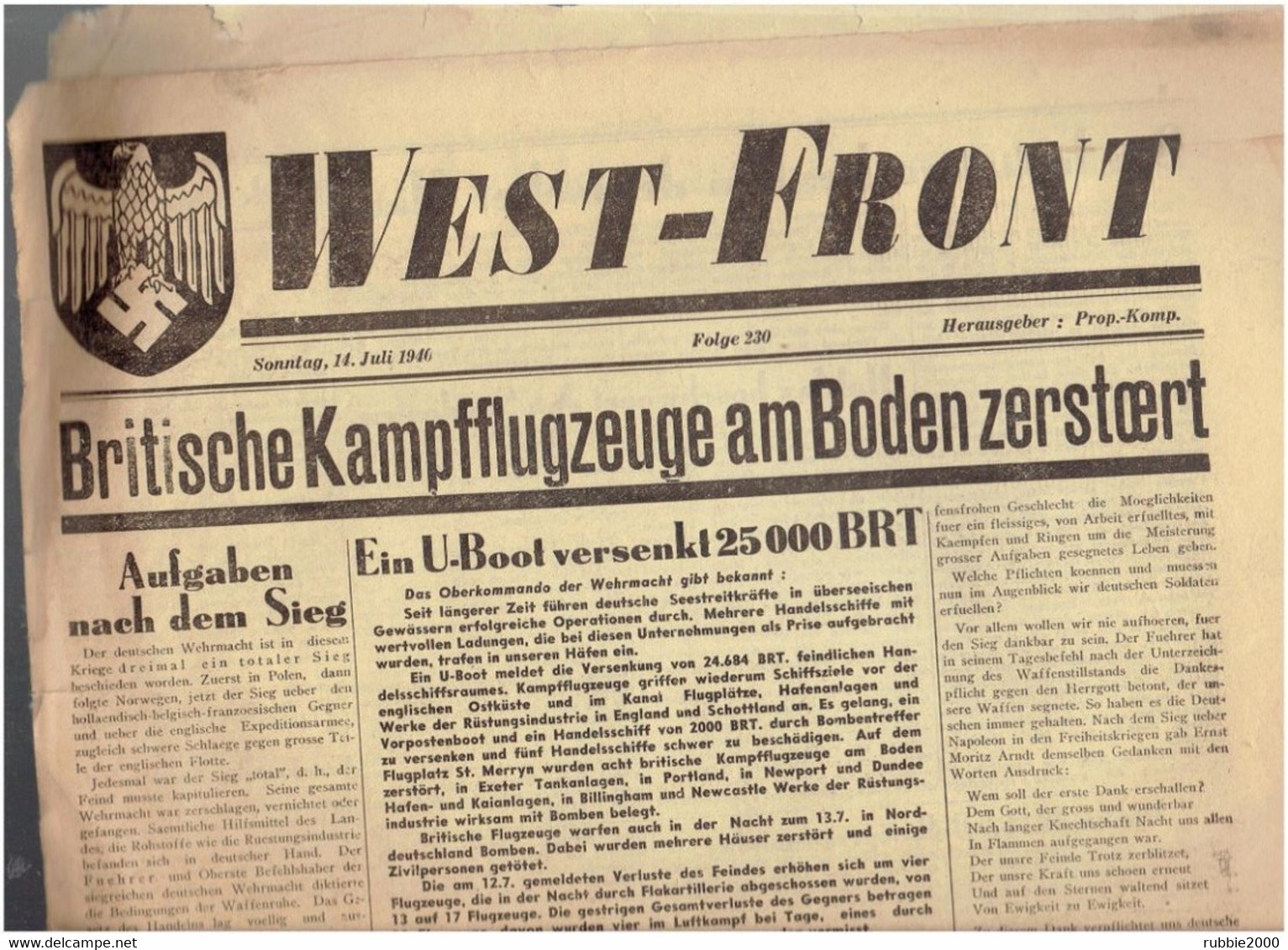 ZEITUNG WEST FRONT 14 JULI 1940 JOURNAL ALLEMAND DU FRONT OUEST GUERRE 1939 1945 WWII - Hobby & Sammeln