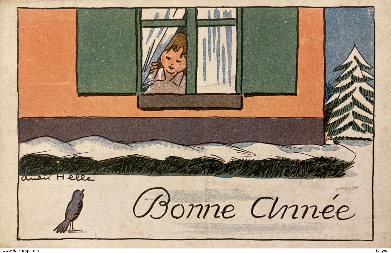 Bonne Année - CPA Illustrateur ANDRÉ HELLÉ - Neige Hiver - Enfant à La Fenêtre Et Oiseau - New Year