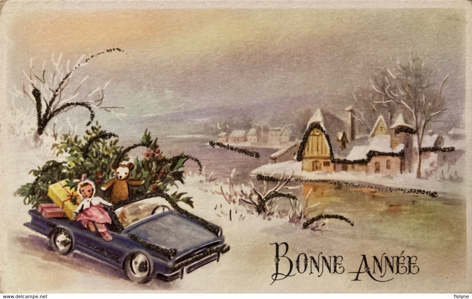 Bonne Année - CPA Illustrateur - Neige Hiver - Poupée Nounours Dans Une Voiture - New Year