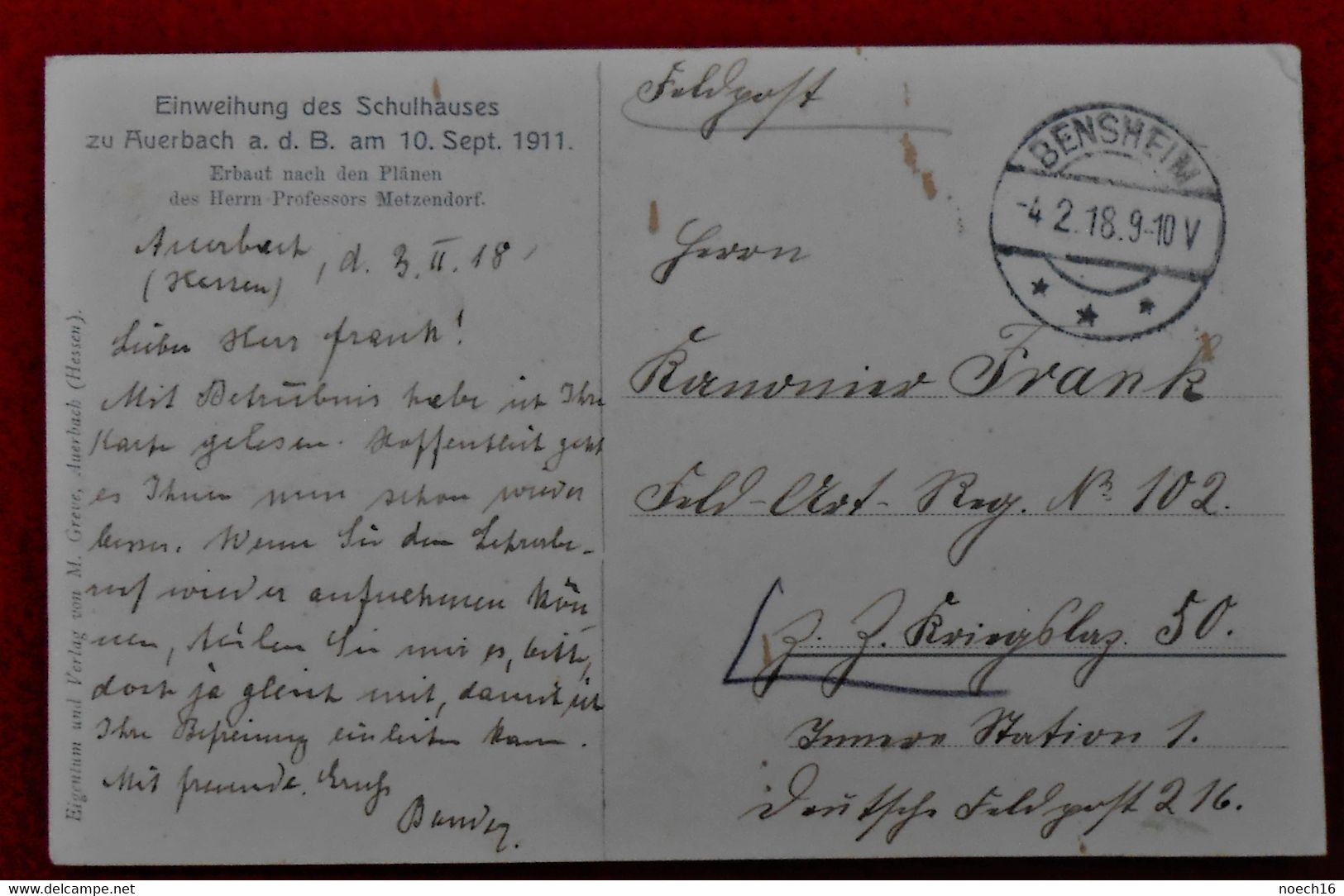 Old Postcard 1918 Einweihung Des Schulhauses Zu Auerbach A. D. B. Am 10/09/1911 - Auerbach