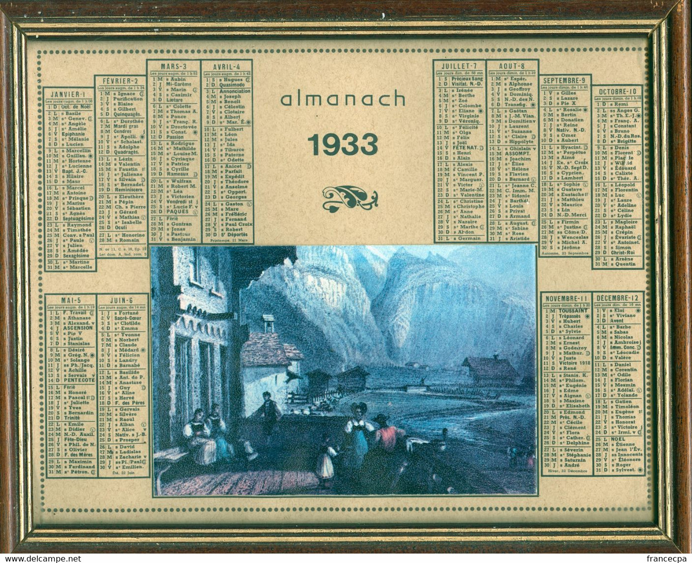 CALENDRIER ALMANACH 1933 Monté En Cadre Sous-verre - Grand Format : 1901-20