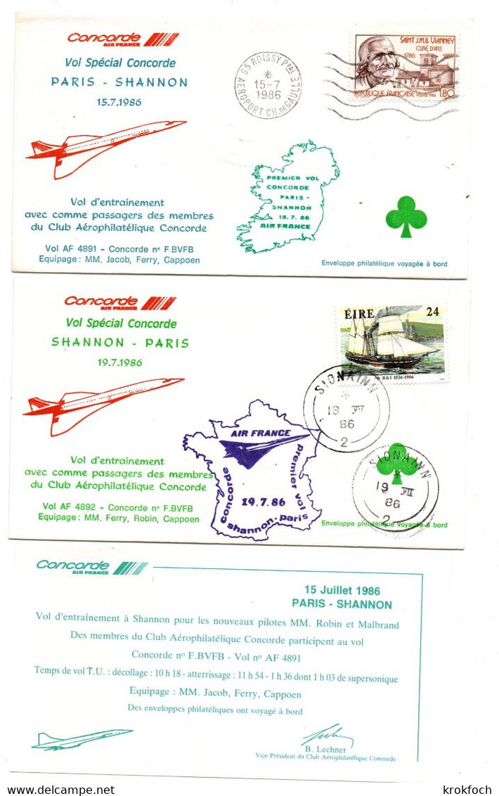 Concorde Air France 1986 - Inaugural Flight Shannon Paris AR - Vol Entraînement - 1er Vol Erstflug - Cartas & Documentos