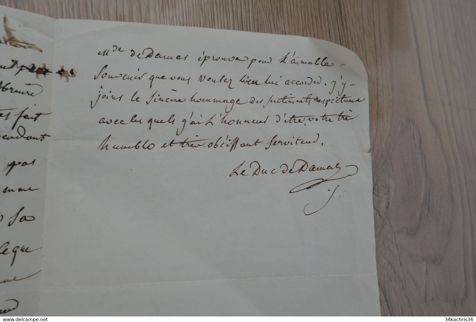 LAS Autographe Signée Le Duc De Damas Vers 1840 Paris  Affaires Personnelles - Andere & Zonder Classificatie