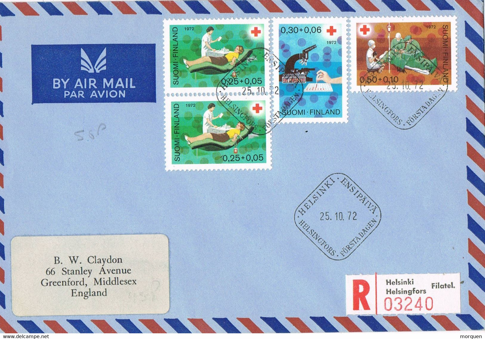 38435. Carta Aerea Certificada HELSINGFORS (Finlandia) Suomi 1972 To England. CRUZ ROJA Stamps - Cartas & Documentos