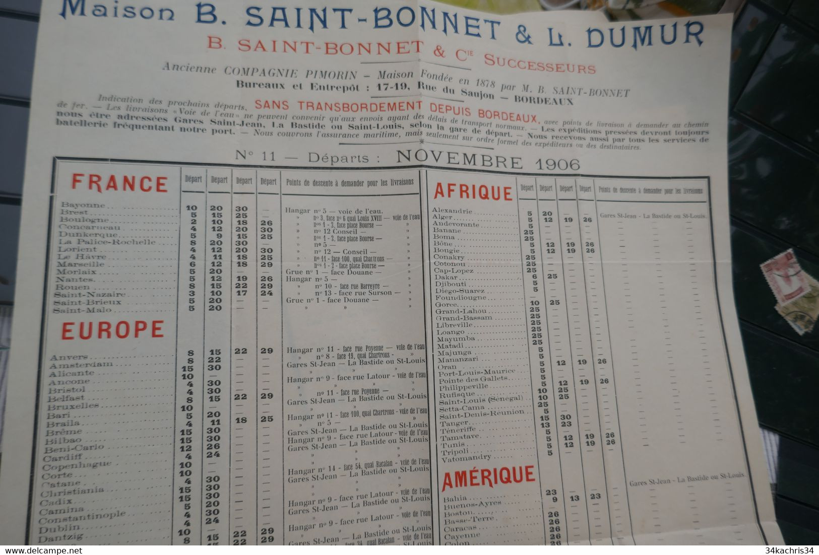 Affichette Pub Horaire Saint Bonnet Dumur 1906 Bordeaux Bateaux Vapeur Monde  32 X 50 Environs - Transports