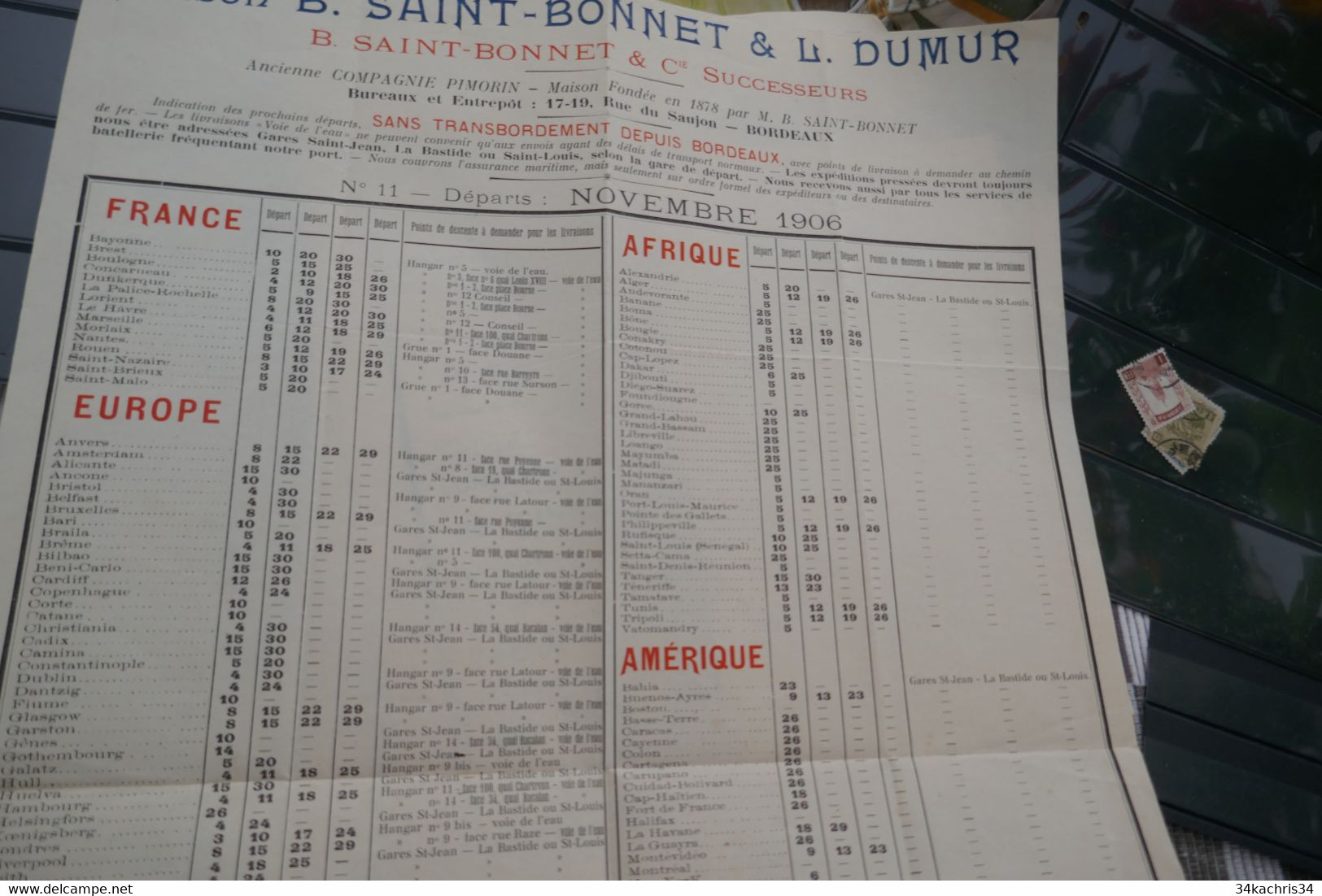 Affichette Pub Horaire Saint Bonnet Dumur 1906 Bordeaux Bateaux Vapeur Monde  32 X 50 Environs - Trasporti