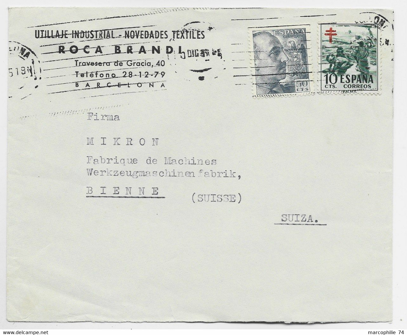 ESPANA  FNMI + 50C LETTRE COVER BARCELONA 1955 TO SUISSE - Liefdadigheid