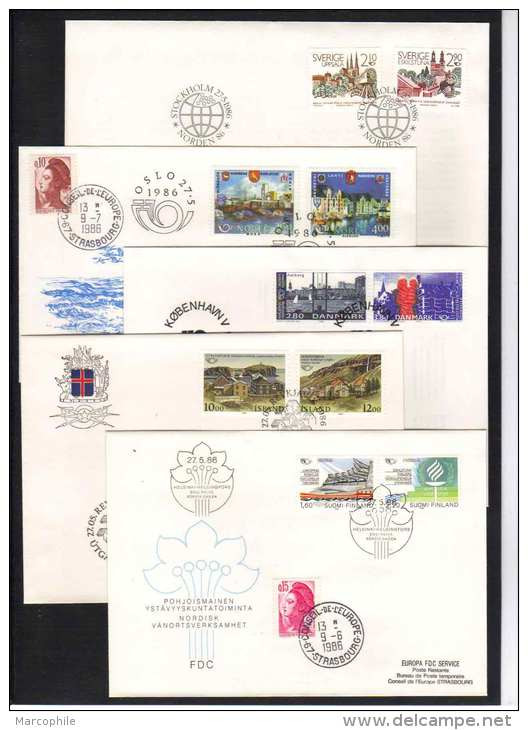 FINLANDE - SUEDE - DANEMARK - NORVEGE - ISLANDE - EUROPA / NORDEN 1986 - 5 ENVELOPPES FDC  (ref 5013) - Cartas & Documentos