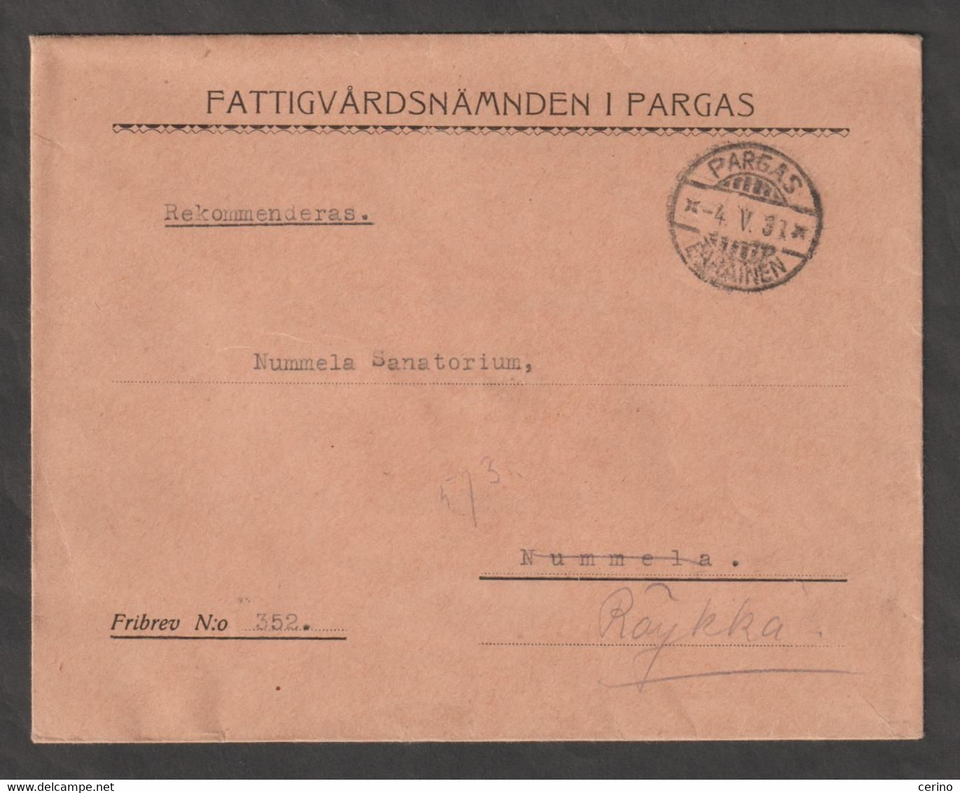 FINLAND: 4.5.1933  COVERT  FREE  OF  CHARGE  FROM  PARGAS  -  TO  ROYKKA - Varietà E Curiosità