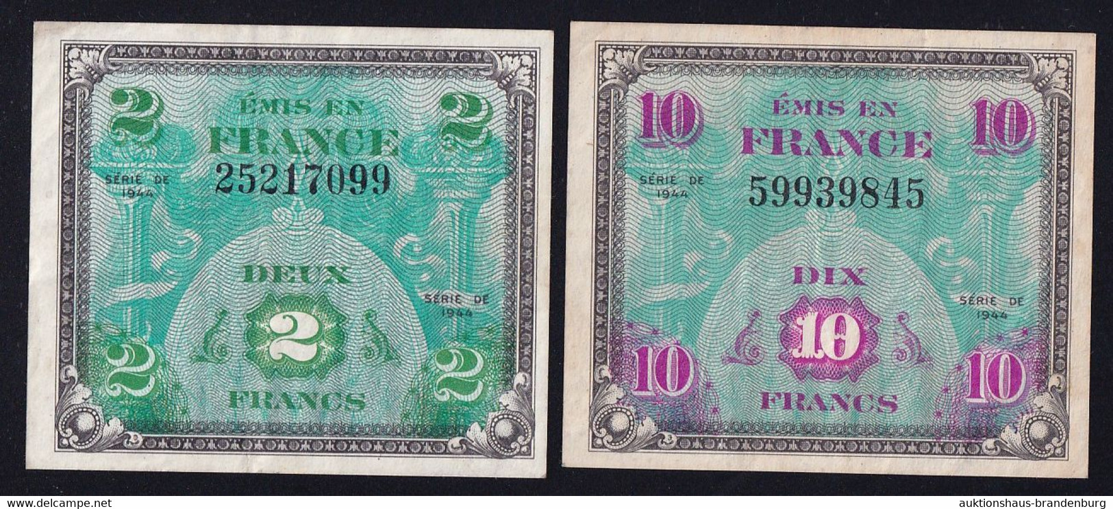 2x Frankreich: 2 + 10 Francs 1944 "Drapeau" (FAY-VF16.1 + 18.1) - 1944 Vlag/Frankrijk