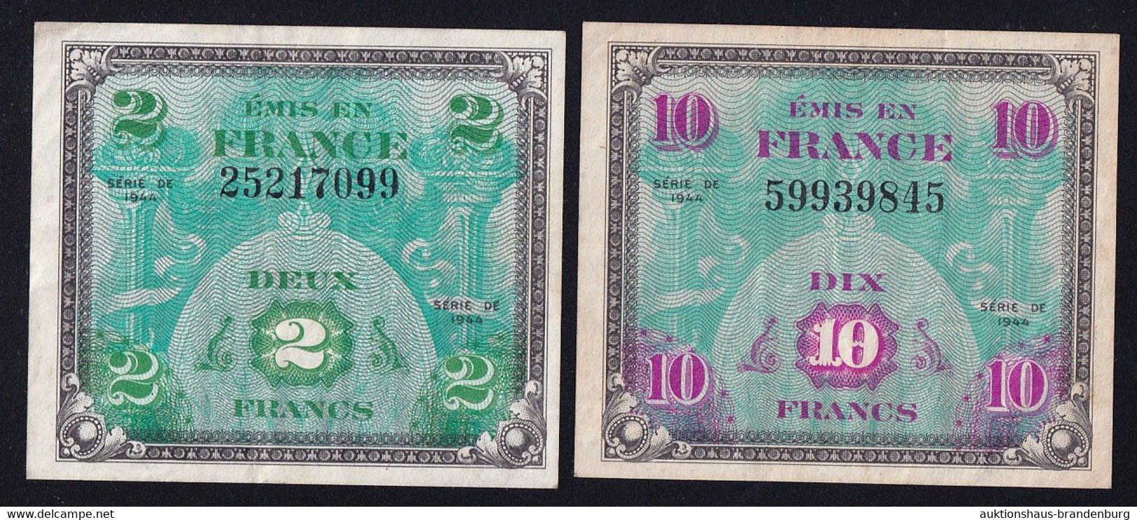2x Frankreich: 2 + 10 Francs 1944 "Drapeau" (FAY-VF16.1 + 18.1) - 1944 Flag/France