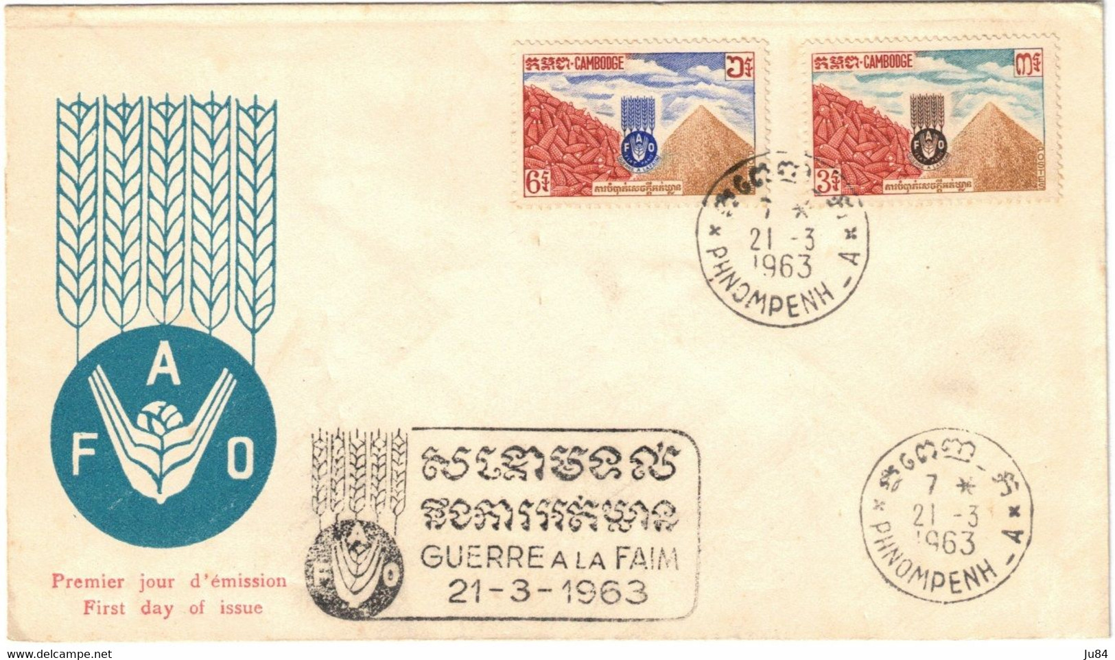 Cambodge - Phnompenh - FDC - Guerre à La Faim - 21 Mars 1963 - Cambodge