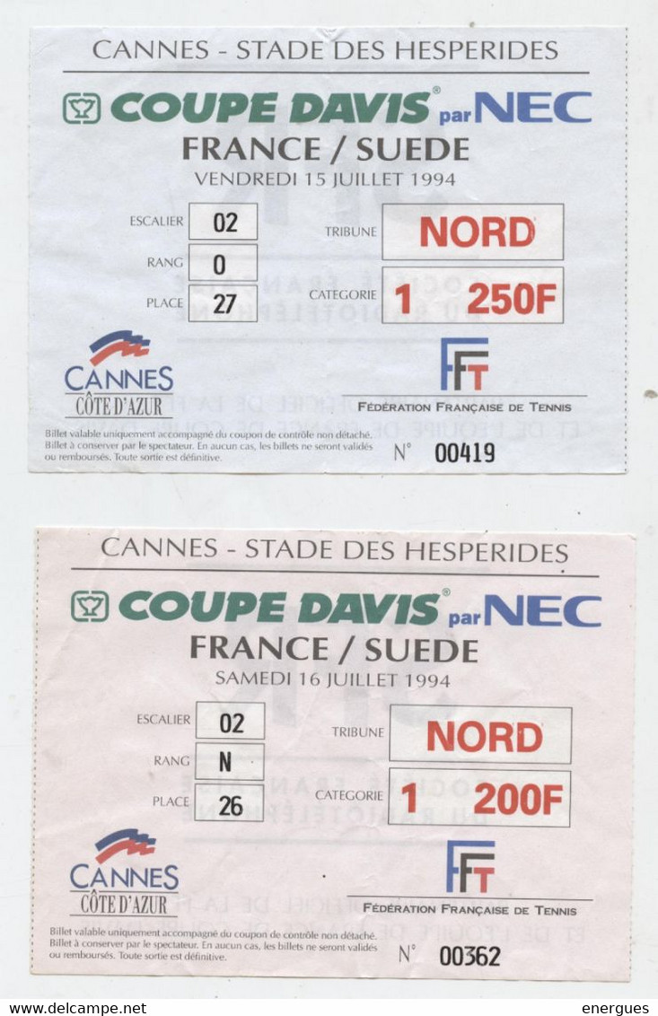 Cannes, Tennis, Coupe Davis Par NEC, 1994 France/Suède,2 Billets - Other & Unclassified