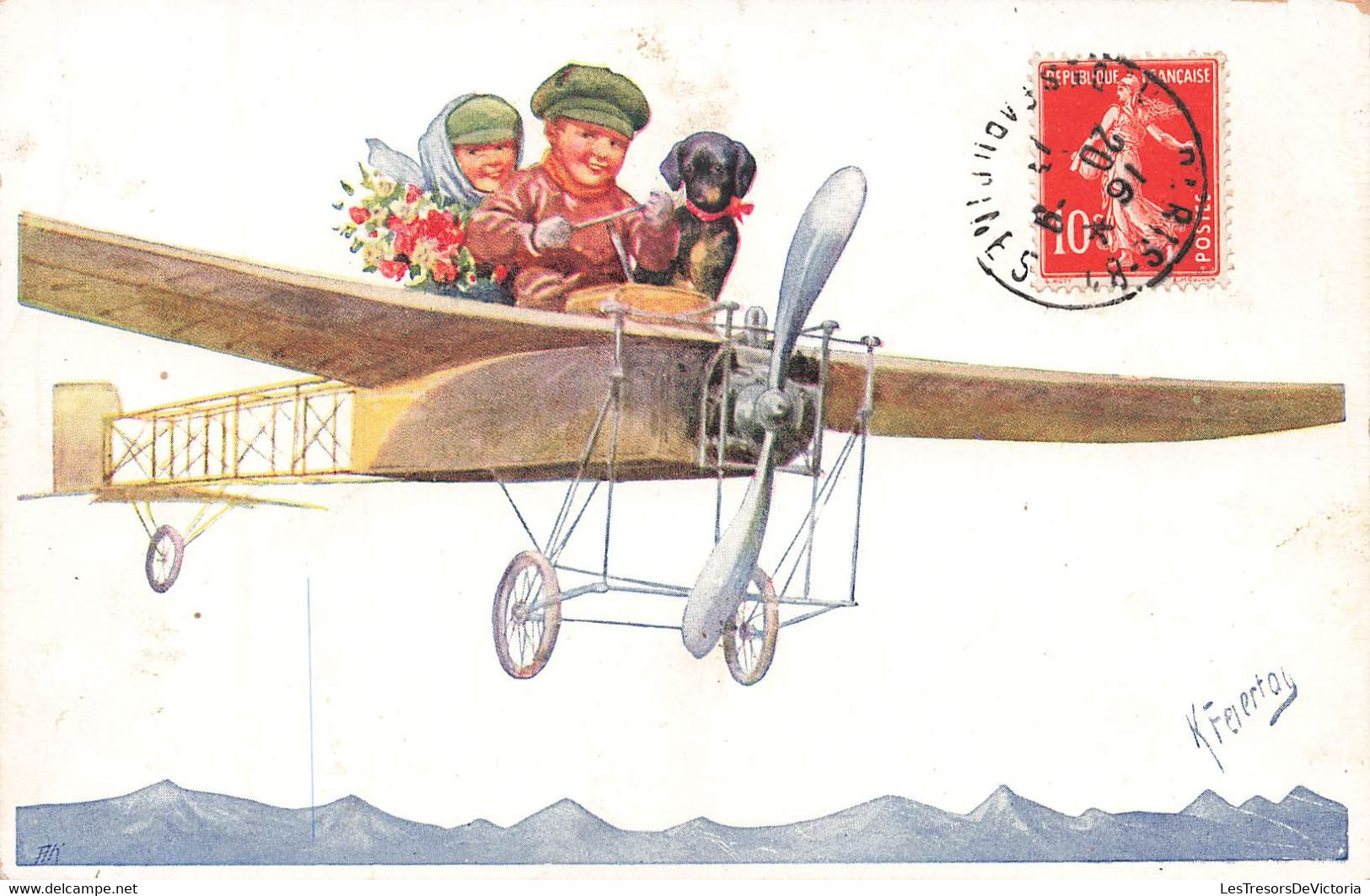 CPA Aviation - Illustrateur Signé - Enfants Et Chien Dans Un Avion - Flieger