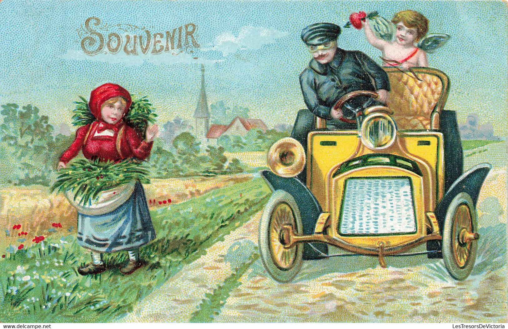 CPA Fantaisie - Femme En Train De Faire La Cueillette - Agricultrice - Voiture Ancienne - Cupidon - Landbouw