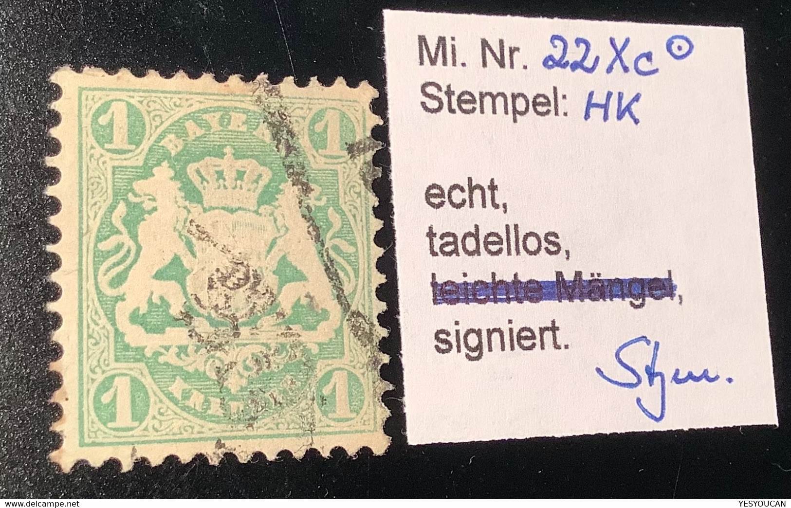 Bayern Mi 22 Xc GUTE FARBE Gepr Stegmüller BPP 1870 1 Kr Bläulichgrün WZ Enge Rauten  Gestempelt  (Baviére VF - Afgestempeld