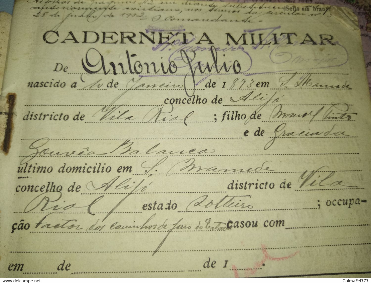 Caderneta Antiga Exército Português Ano 1914, Alijó Vila Real - Autres & Non Classés