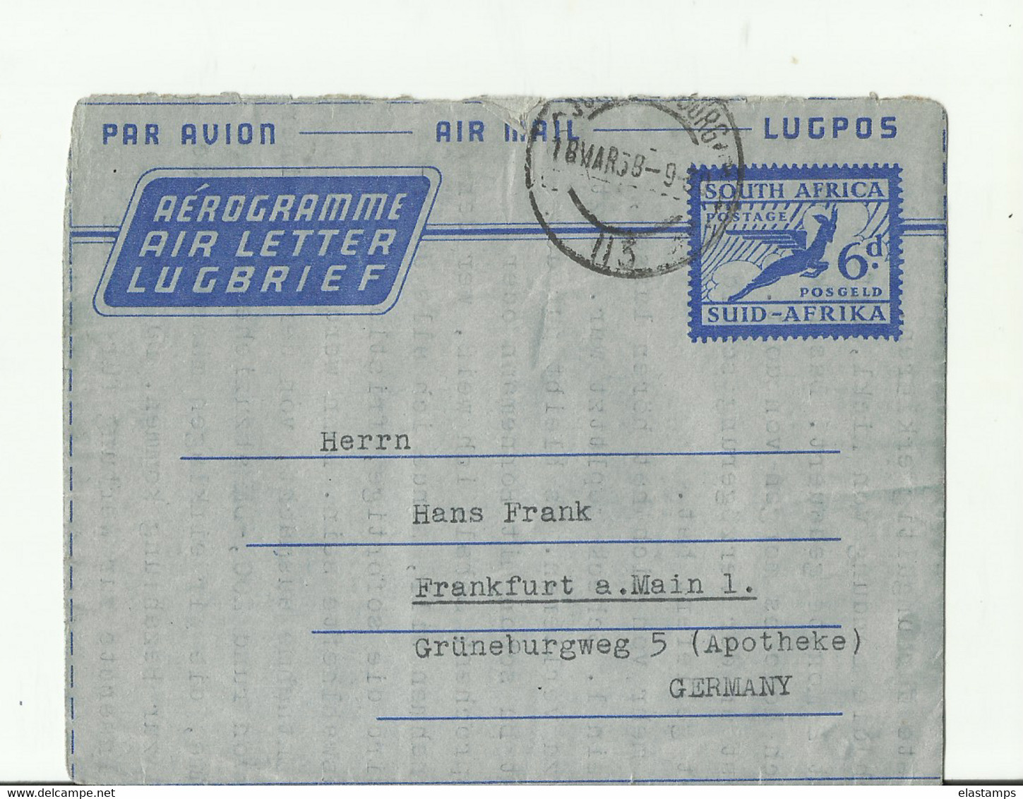 SIUD AFRICA   AEROGRAM 1938 ? - Poste Aérienne
