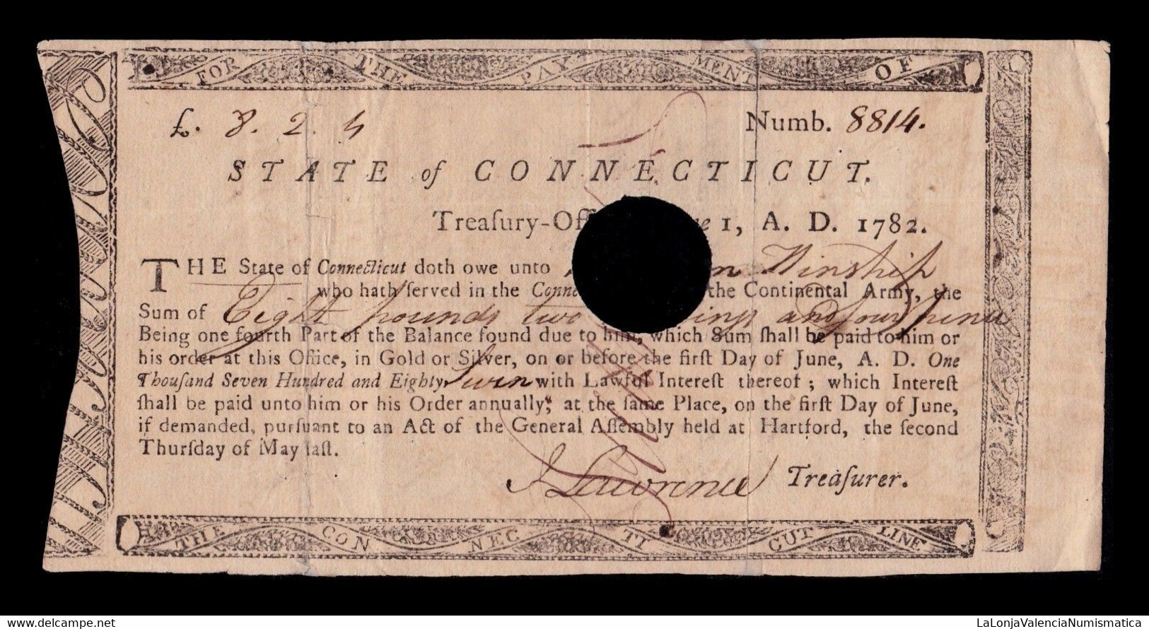 Estados Unidos US Treasury Continental Army Connecticut Line Bond 1782 BC F - Valuta Coloniale (XVIII Secolo)