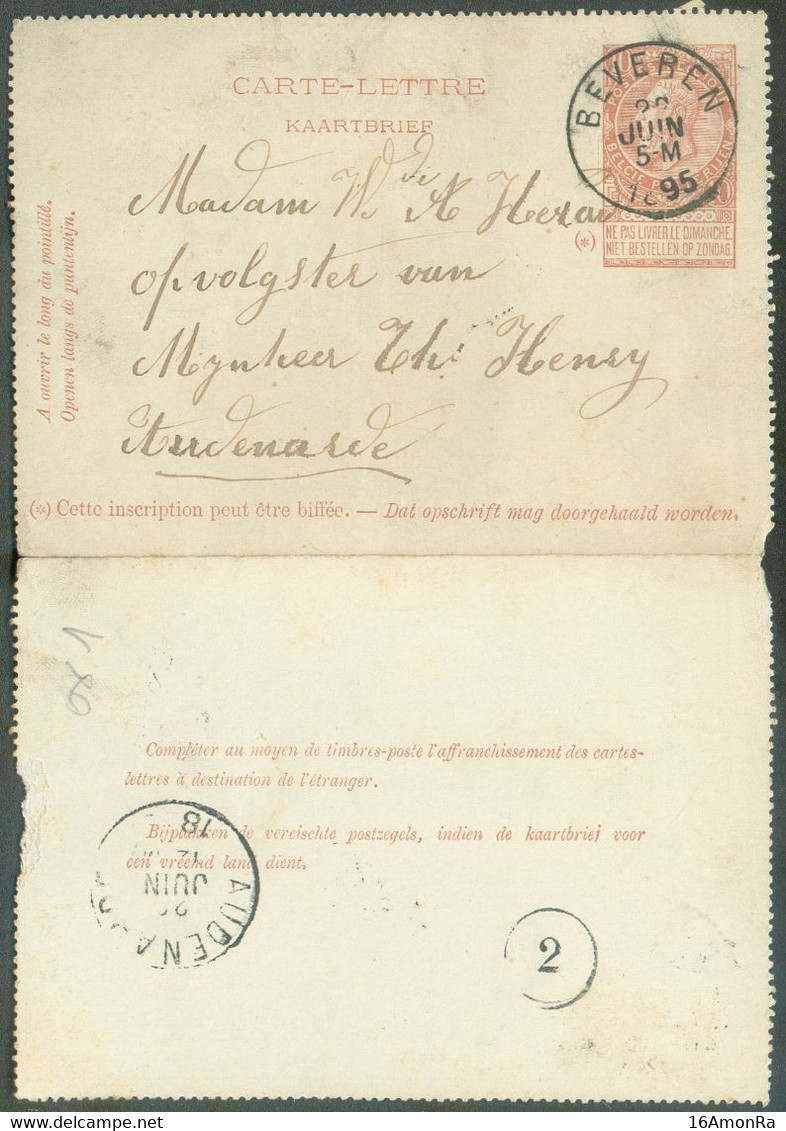 E.P. Carte-lettre 10c. Fine Barbe, Obl. Sc BEVEREN 26 Juin 1895 Vers Audenaerde - 20098 - Kartenbriefe