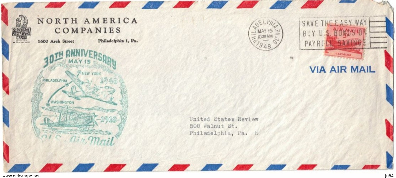 États-Unis - Philadelphia - Poste Aérienne - 30th Anniversary Du Vol New York-Philadelphia-Washington - 15 Mai 1948 - 2a. 1941-1960 Usati