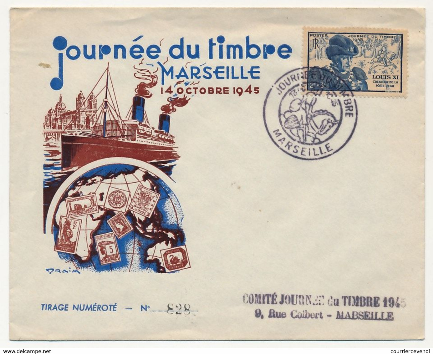 FRANCE - Enveloppe 2F + 3F Louis XI, Journée Du Timbre 1945 MARSEILLE, Illustration Par DRAIM (Miard) - Lettres & Documents