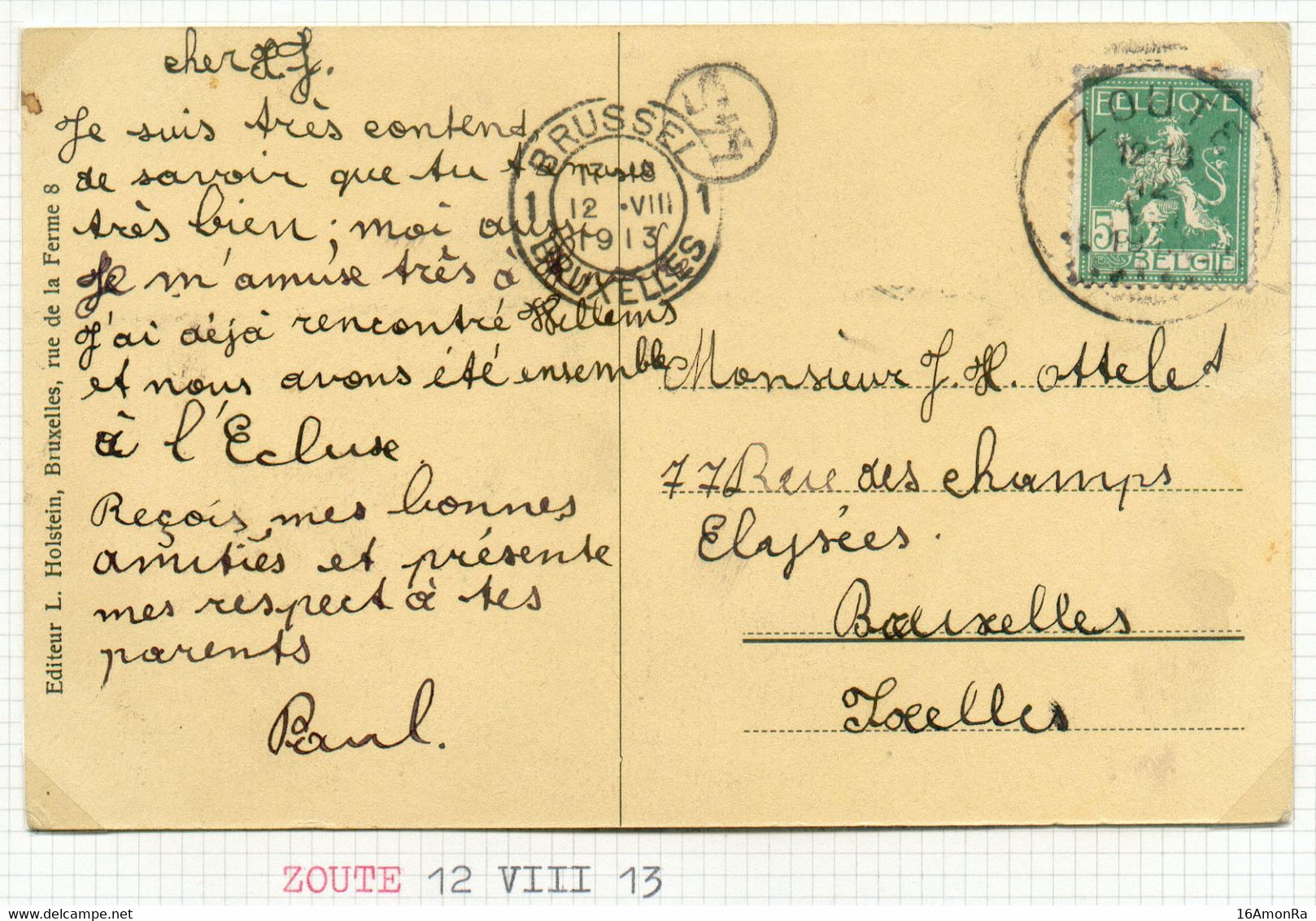 5c. PELLENS Obl. Sc (bureau Temporaire De Villégiature) ZOUTE Sur C.P. Du 12-VIII-1913 Vers Ixelles  - 20137 - 1912 Pellens