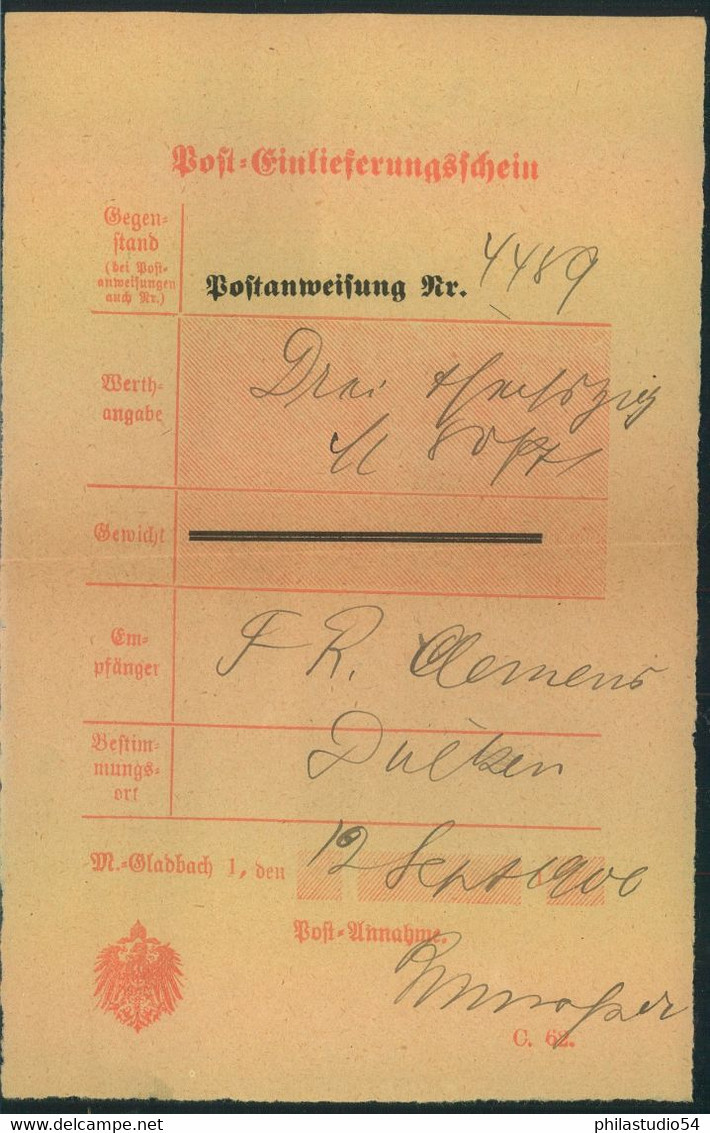 1900, Postschein Für Eine Postanweisung Von M. GLADBACH - Brieven En Documenten