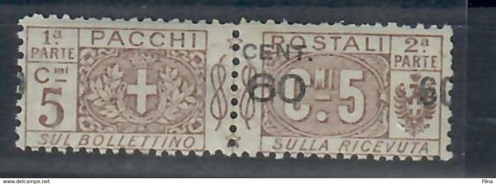 ITALIA REGNO 1923/25 - 60 C. SU 5 C. BRUNO - VARIETA'  ENTRAMBE LE SOPRASTAMPE NELLA SEZIONE DI DX. - MNH/** - Pacchi Postali