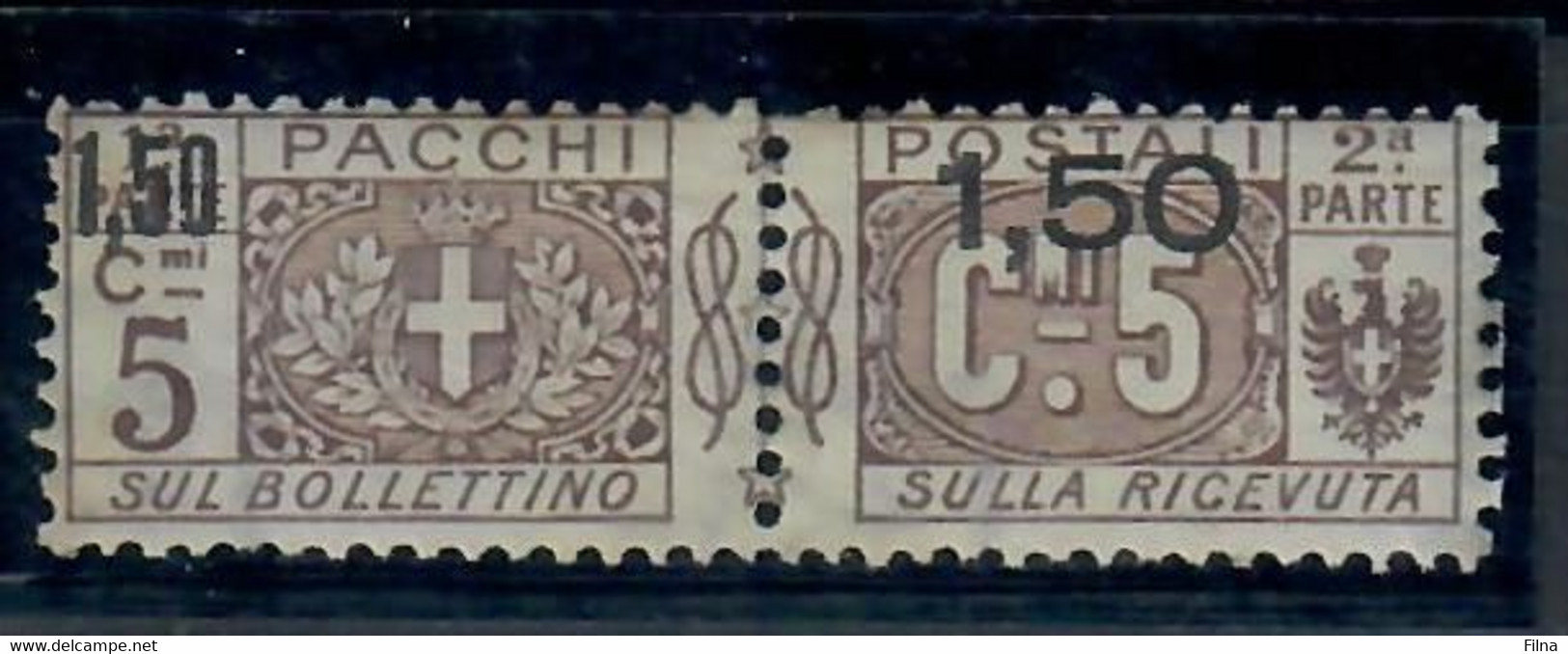 ITALIA REGNO 1923/25 - 1.50 SU 5 C. BRUNO - VARIETA'  SOLO IL VALORE IN SOPRASTAMPA  - MH/* - Postal Parcels