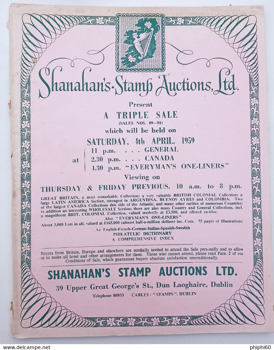 Shanahan's Stamb Auctions Ltd  -  A TRIPLE SALE - SATURDAY 4 Th APRIL 1959 GENERAL -  CANADA - Autres & Non Classés