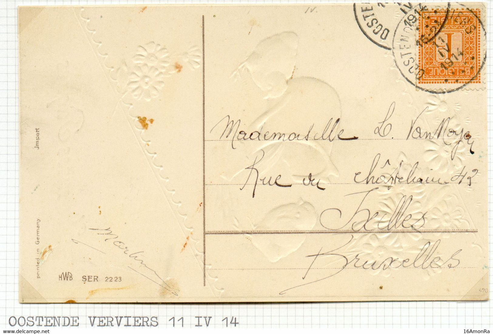 1c. PELLENS Oblitération AMBULANT SPOORWEGSTEMPEL OOSTENDE-VERVIERS Sur C.P. Du 11-IV-1914 Vers Bruxelles.  - 20164 - 1912 Pellens