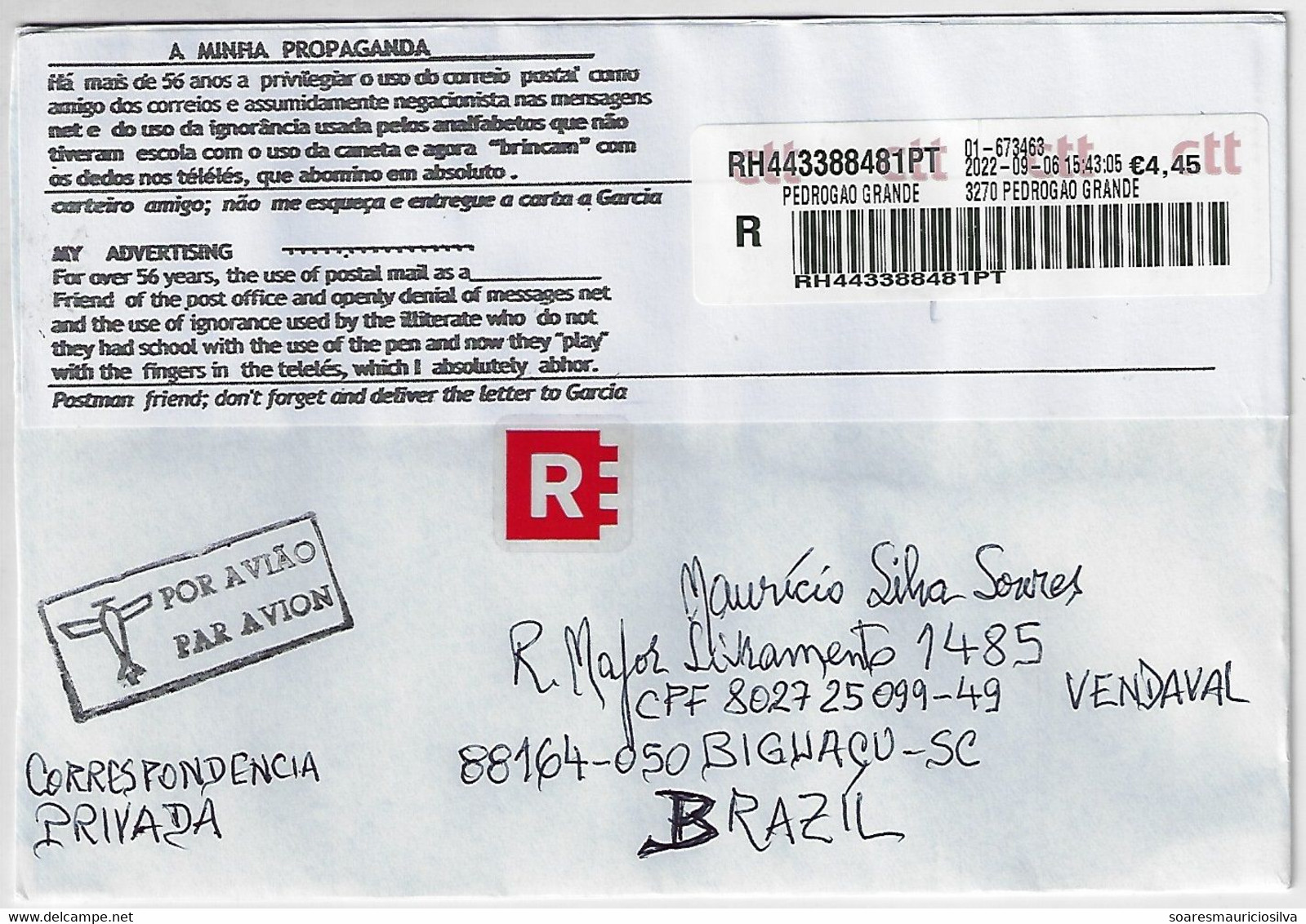 Portugal 2022 Barcode Label Registered Cover From Pedrogão Grande To Biguaçu Brazil Meter Stamp 4,45 Euros - Storia Postale