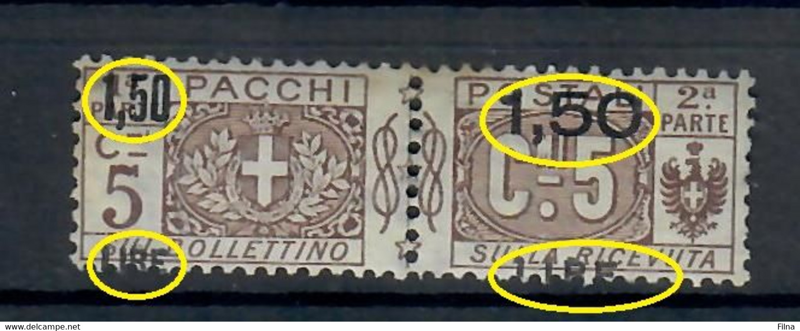 ITALIA REGNO 1923/25 - 1.50 SU 5 C. BRUNO - VARIETA'  SOPRASTAMPA FORTEMENTE SPOSTATA IN VERTICALE - MH/* - Postal Parcels