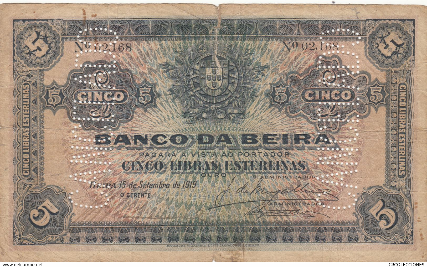 CRBX122 BILLETE MOZAMBIQUE 5 LIBRAS 1919 MC - Mozambique