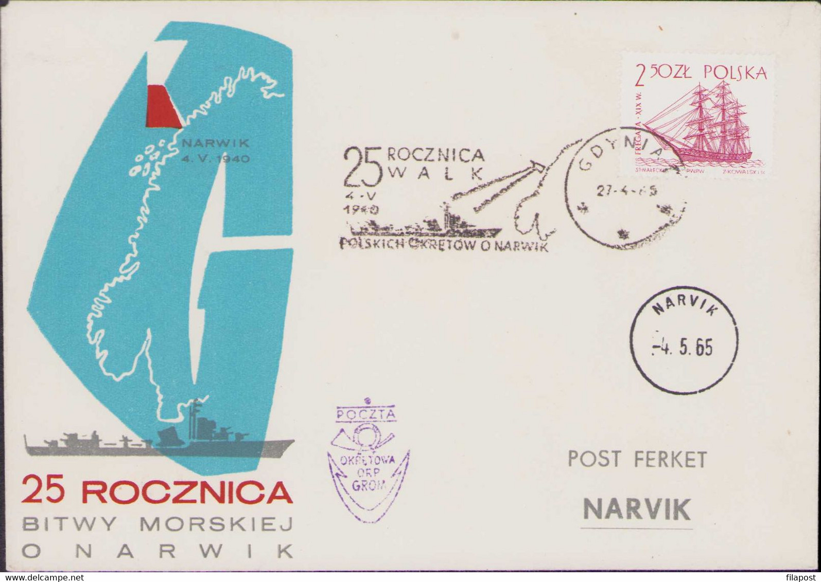 Poland 1965 25th Anniversary Of The Naval Battle Of Narvik, Gdynia Post Mark, Ship Mail ORP GROM / FDC Z6 - WW2