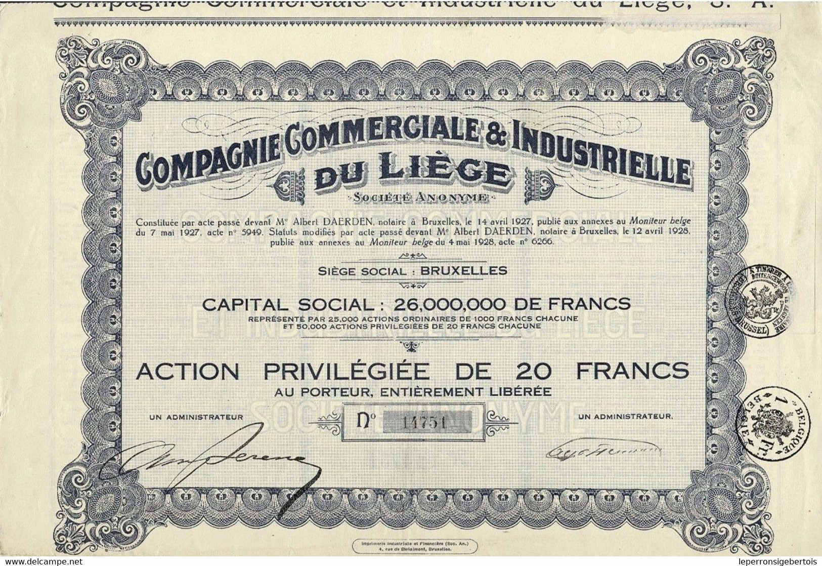 Titre De 1927 - Compagnie Commerciale Et Industrielle Du Liège - - Industrie