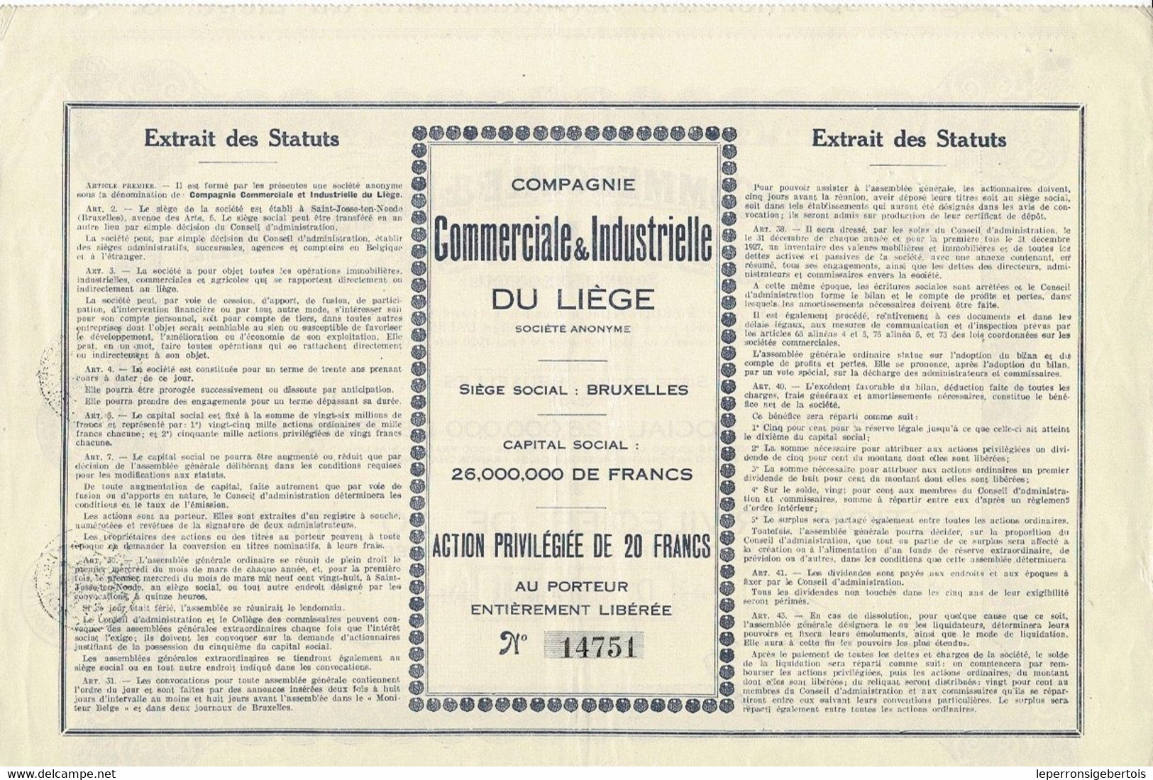 Titre De 1927 - Compagnie Commerciale Et Industrielle Du Liège - - Industrie