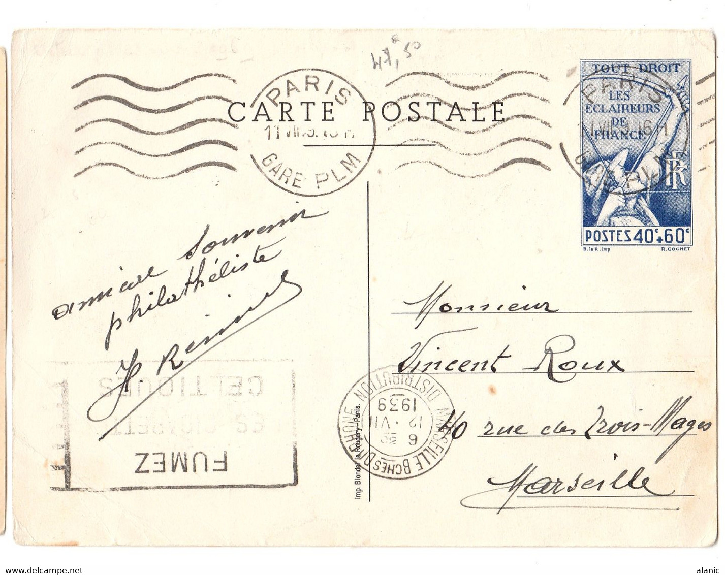 EP CP -  1939- COM S -40 C + 60 C Bleu - Eclaireurs De France - Voyagé PourMARSEILLE12/VII/1939//PEU COMMUN!! - Cartes Postales Types Et TSC (avant 1995)