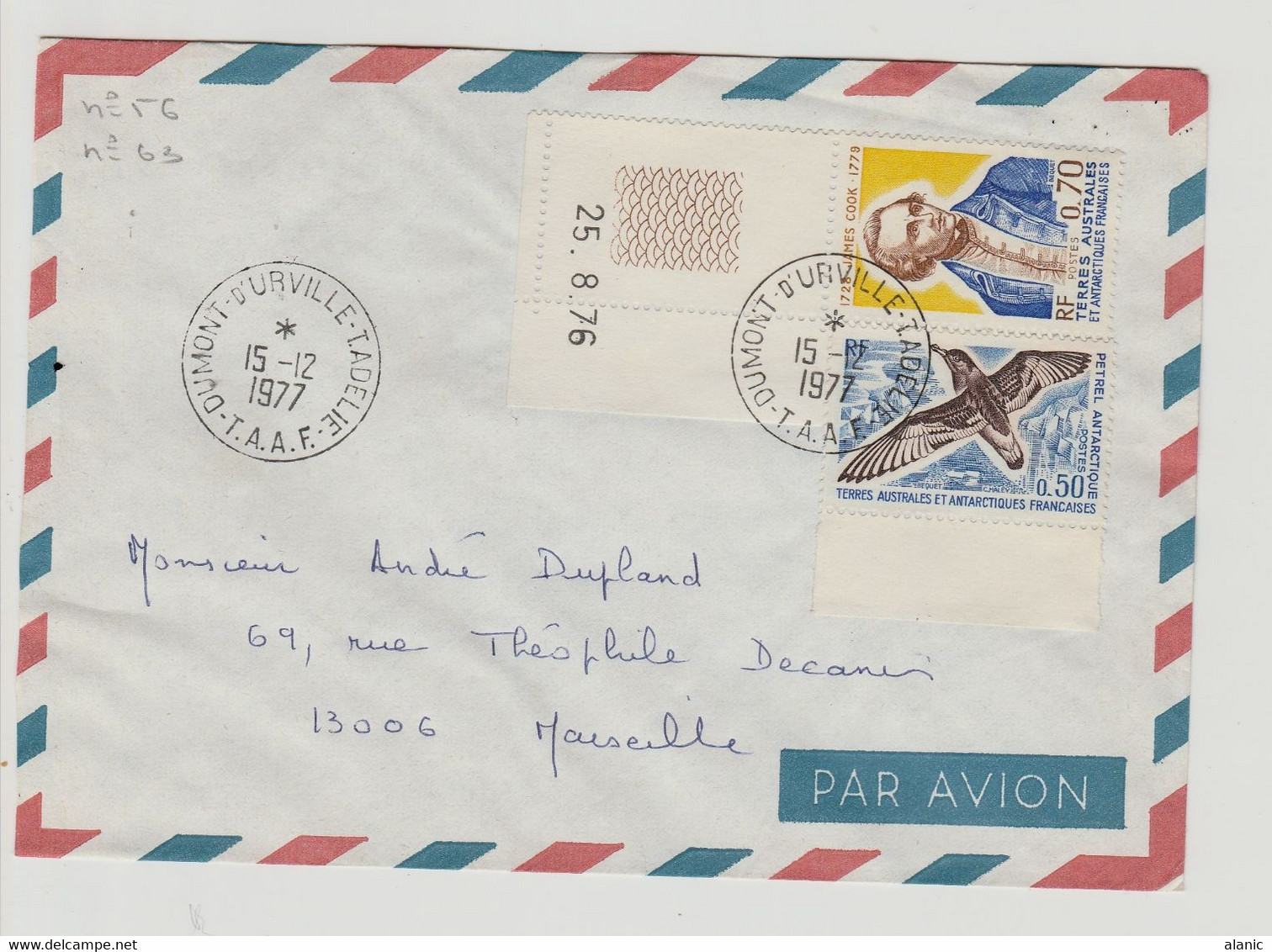(TAAF)LETTRE N°56 &N°63 Dumont D'Urville  Terre Adélie Pour Marseille  15/12/1977 - Storia Postale